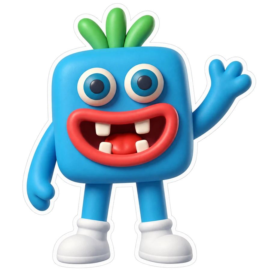 Blorp, the blue square clay monster with three green sprouts, a wide red mouth and white shoes, waving
