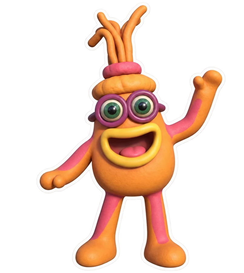 Lopsy, the orange clay monster with round glasses and strands of hair on top, waving