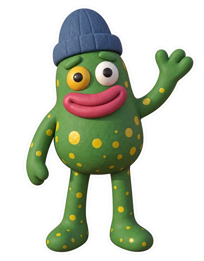Mossie, the green clay monster with yellow spots and a blue beanie, waving