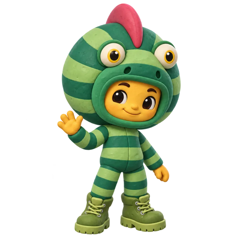 The player's avatar, a child in a green striped monster costume with a hood and a pink crest, waving, modelled in clay