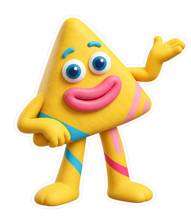 Trio, the yellow triangle clay monster with a pink mouth, waving