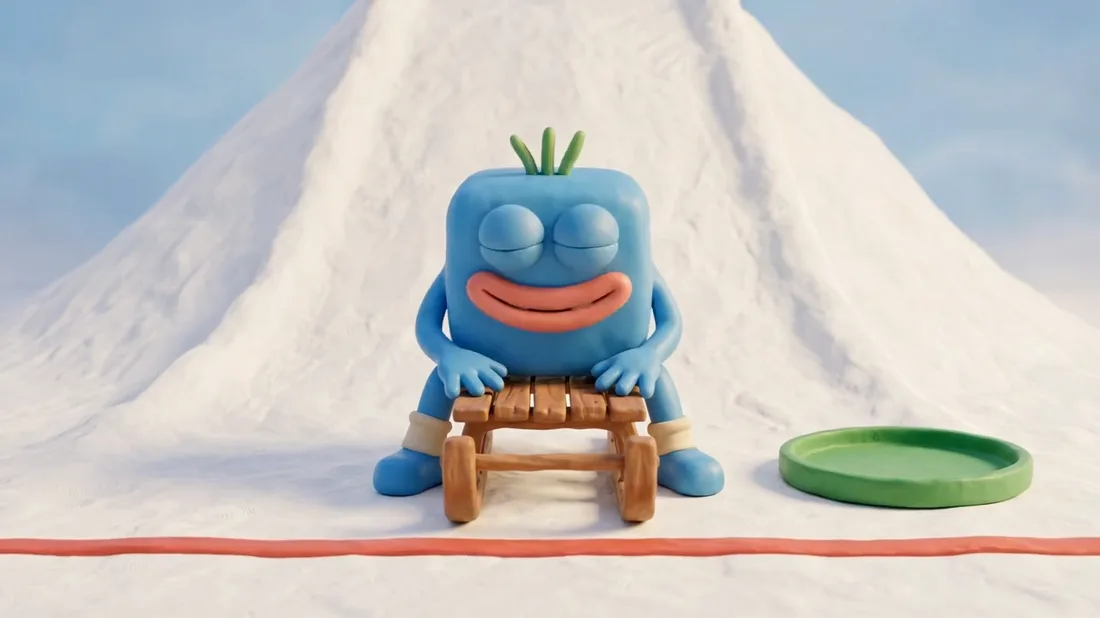 A frame from the Winter World Finale video: Blorp, the blue clay monster, sits behind a wooden sled in front of a hill of white clay snow, with a round green tray on the snow beside him and a red line across the front